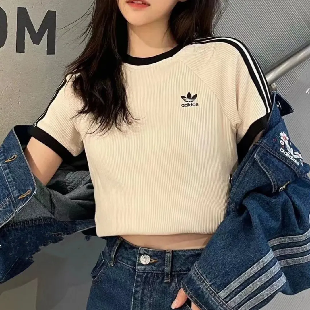『S-XL』新作 レトロ テープデコレーション リブ編み レディース シルエットフィット 半袖