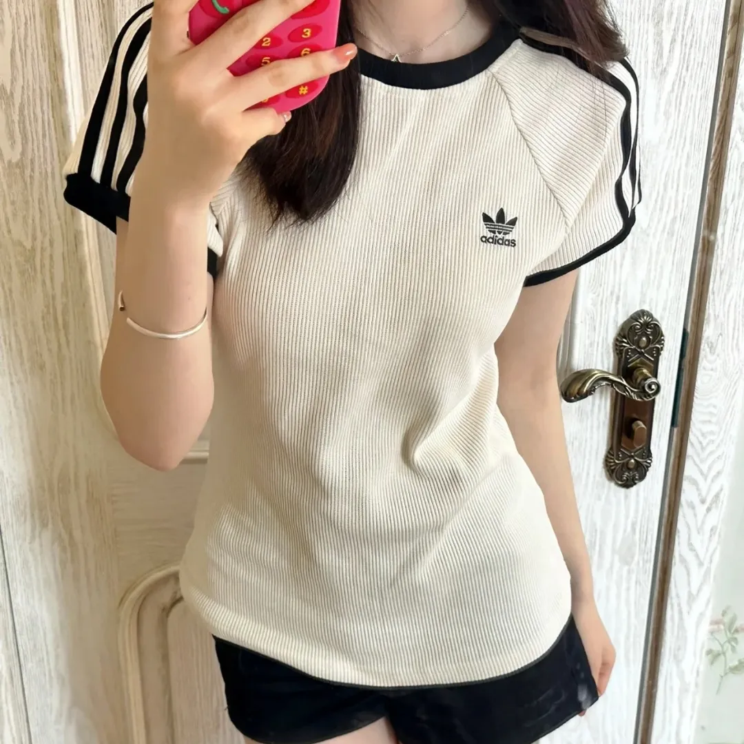 『S-XL』新作 レトロ テープデコレーション リブ編み レディース シルエットフィット 半袖