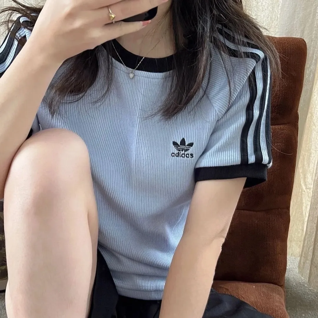 『S-XL』新作 レトロ テープデコレーション リブ編み レディース シルエットフィット 半袖