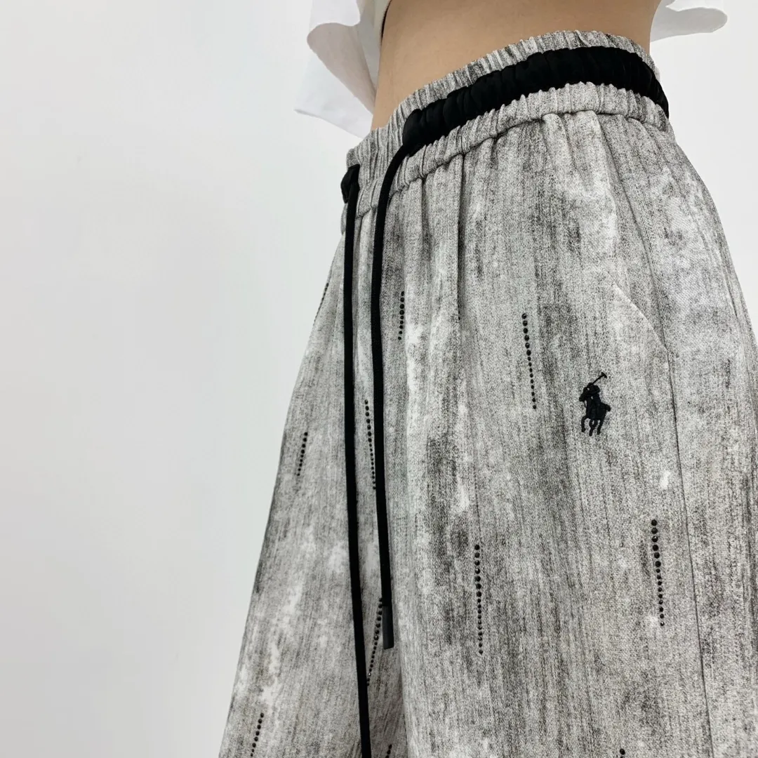 『S-L』刺繍ロゴ オールオーバーホットフィックス グラデーション ゴム入りウエスト カジュアルワイドパンツ