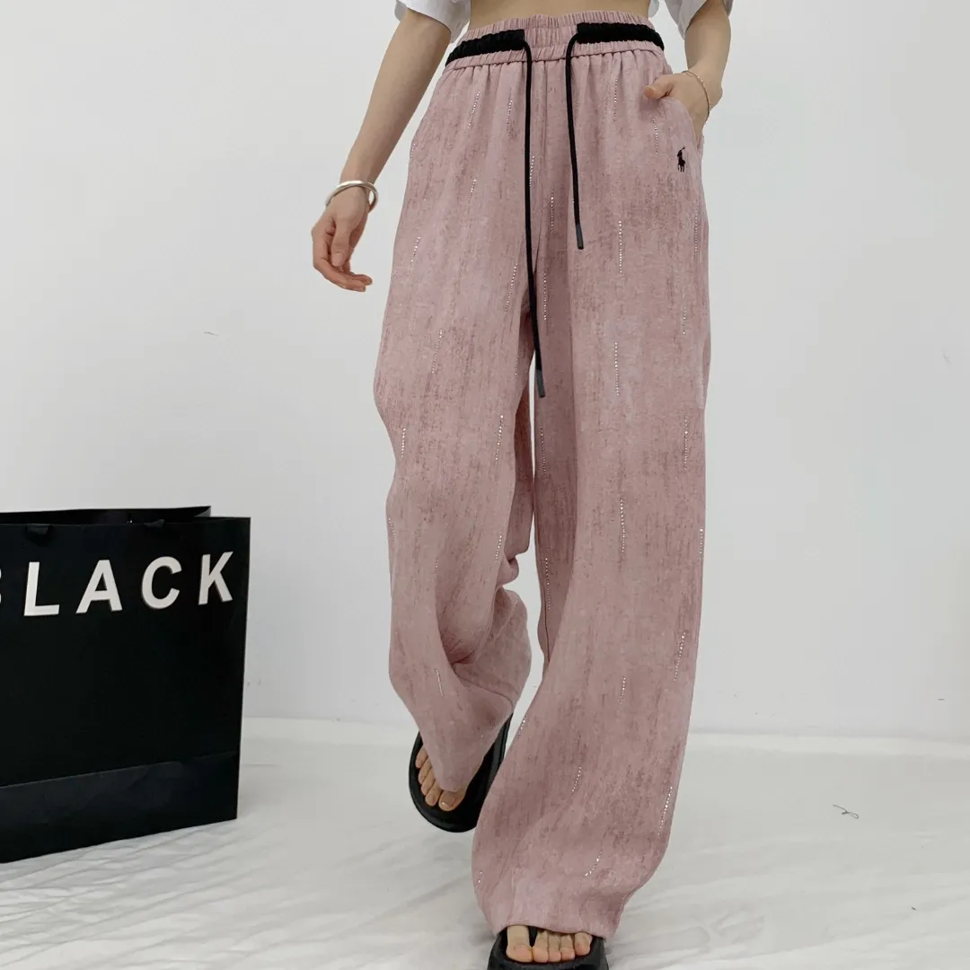 『S-L』刺繍ロゴ オールオーバーホットフィックス グラデーション ゴム入りウエスト カジュアルワイドパンツ