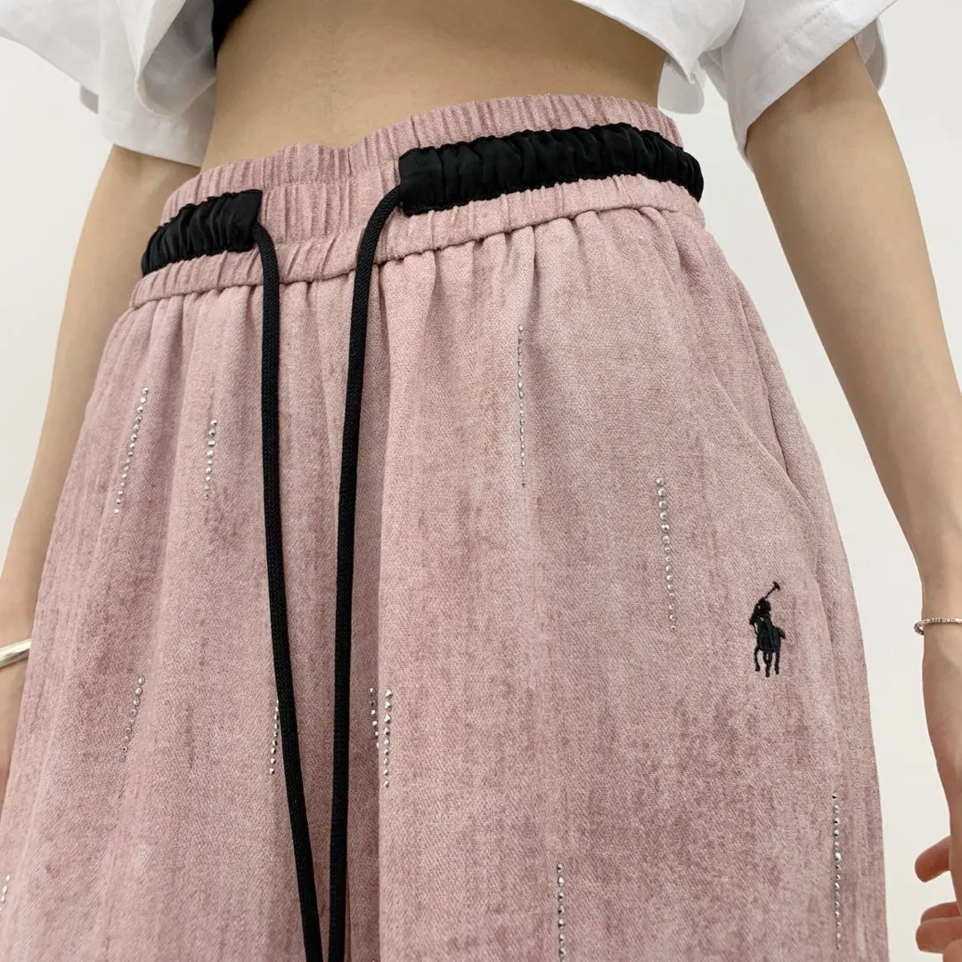 『S-L』刺繍ロゴ オールオーバーホットフィックス グラデーション ゴム入りウエスト カジュアルワイドパンツ