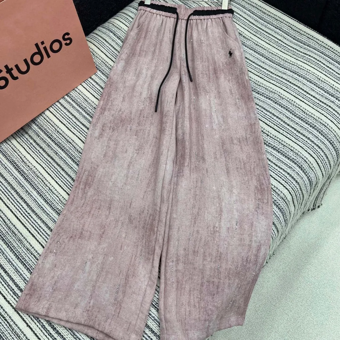 『S-L』刺繍ロゴ オールオーバーホットフィックス グラデーション ゴム入りウエスト カジュアルワイドパンツ