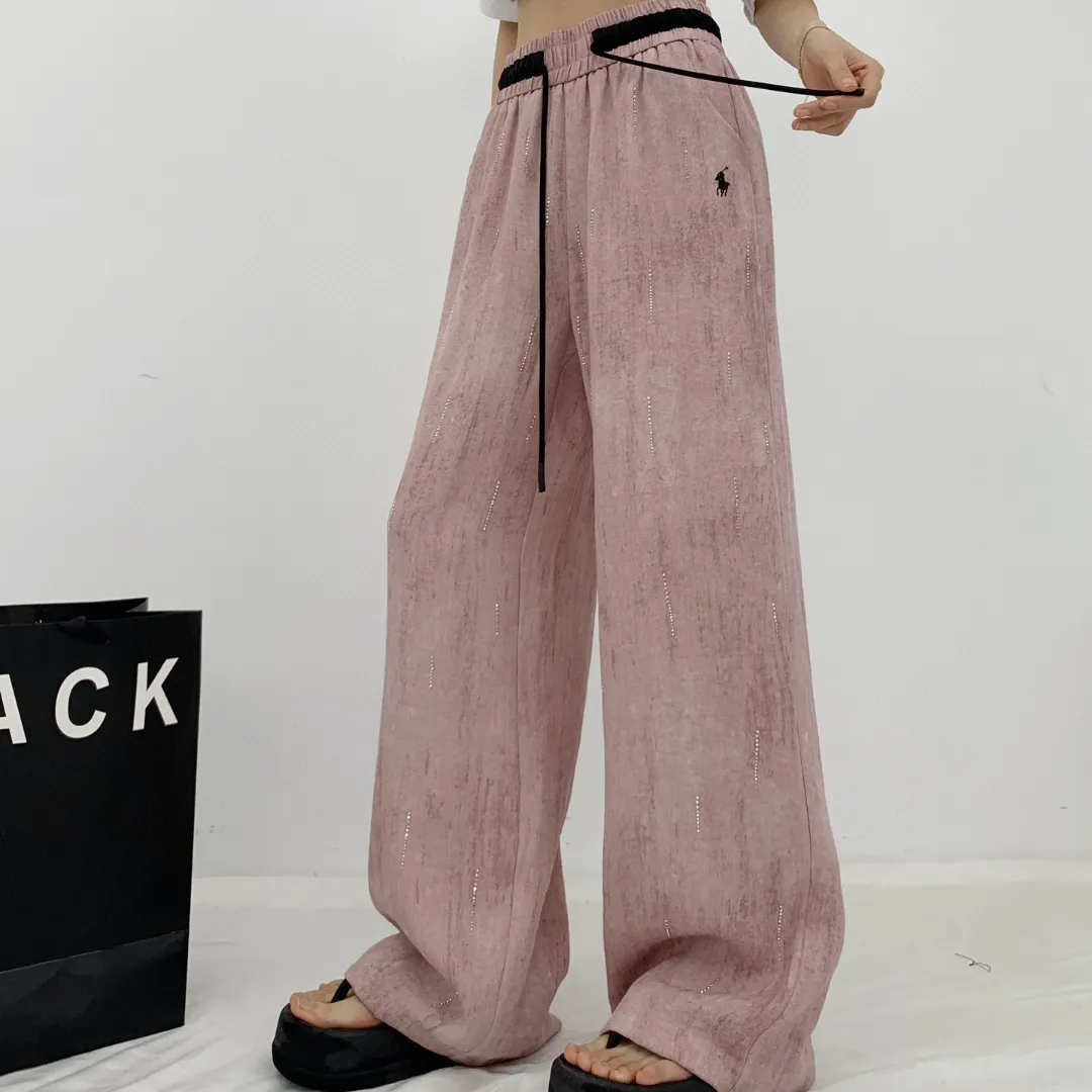 『S-L』刺繍ロゴ オールオーバーホットフィックス グラデーション ゴム入りウエスト カジュアルワイドパンツ