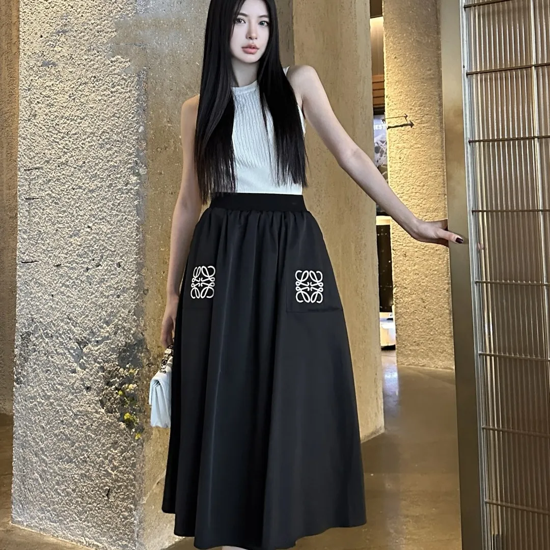 『S-L』新作 カジュアル 優しい雰囲気 レザー刺繍ロゴ リブ編みウエスト スカート