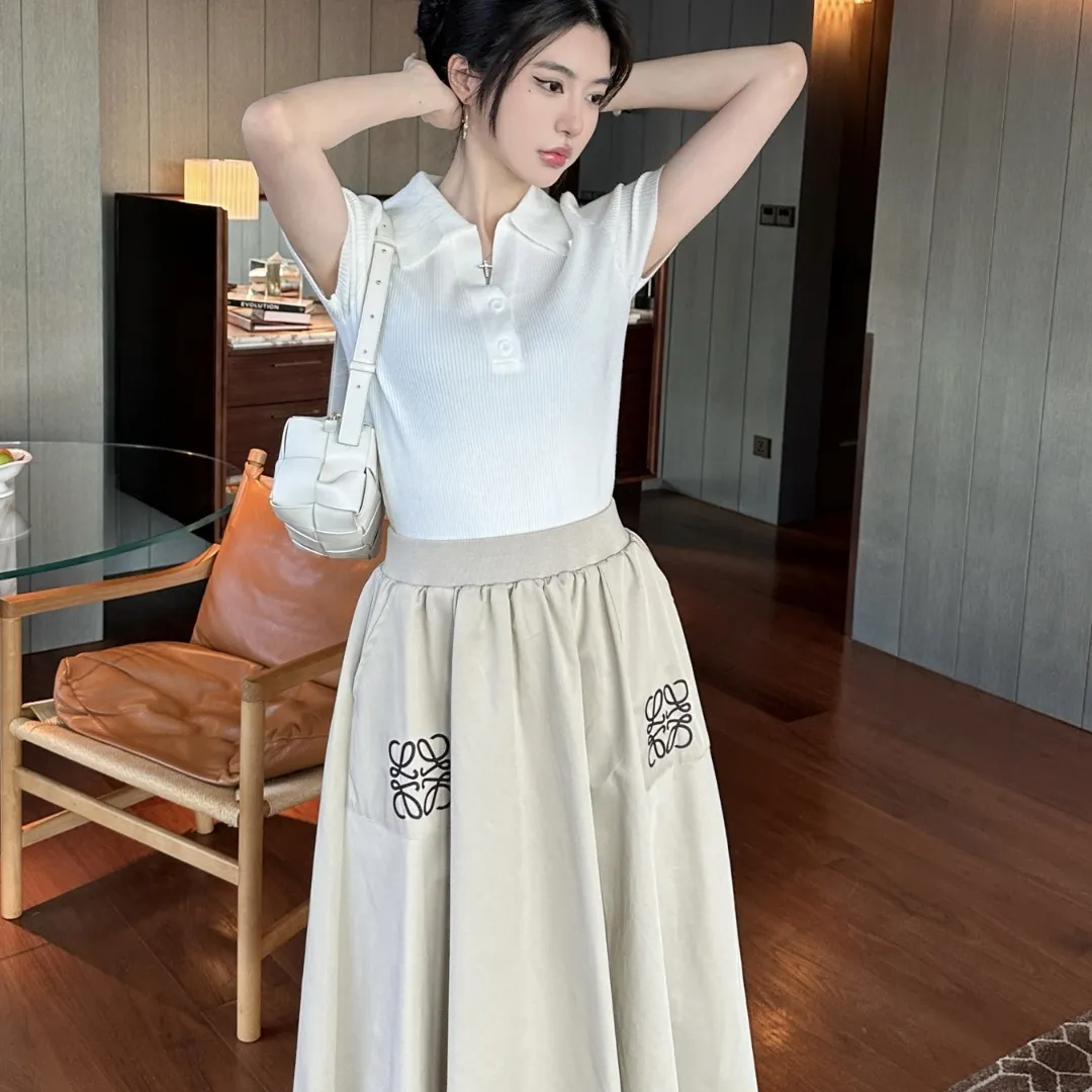 『S-L』新作 カジュアル 優しい雰囲気 レザー刺繍ロゴ リブ編みウエスト スカート