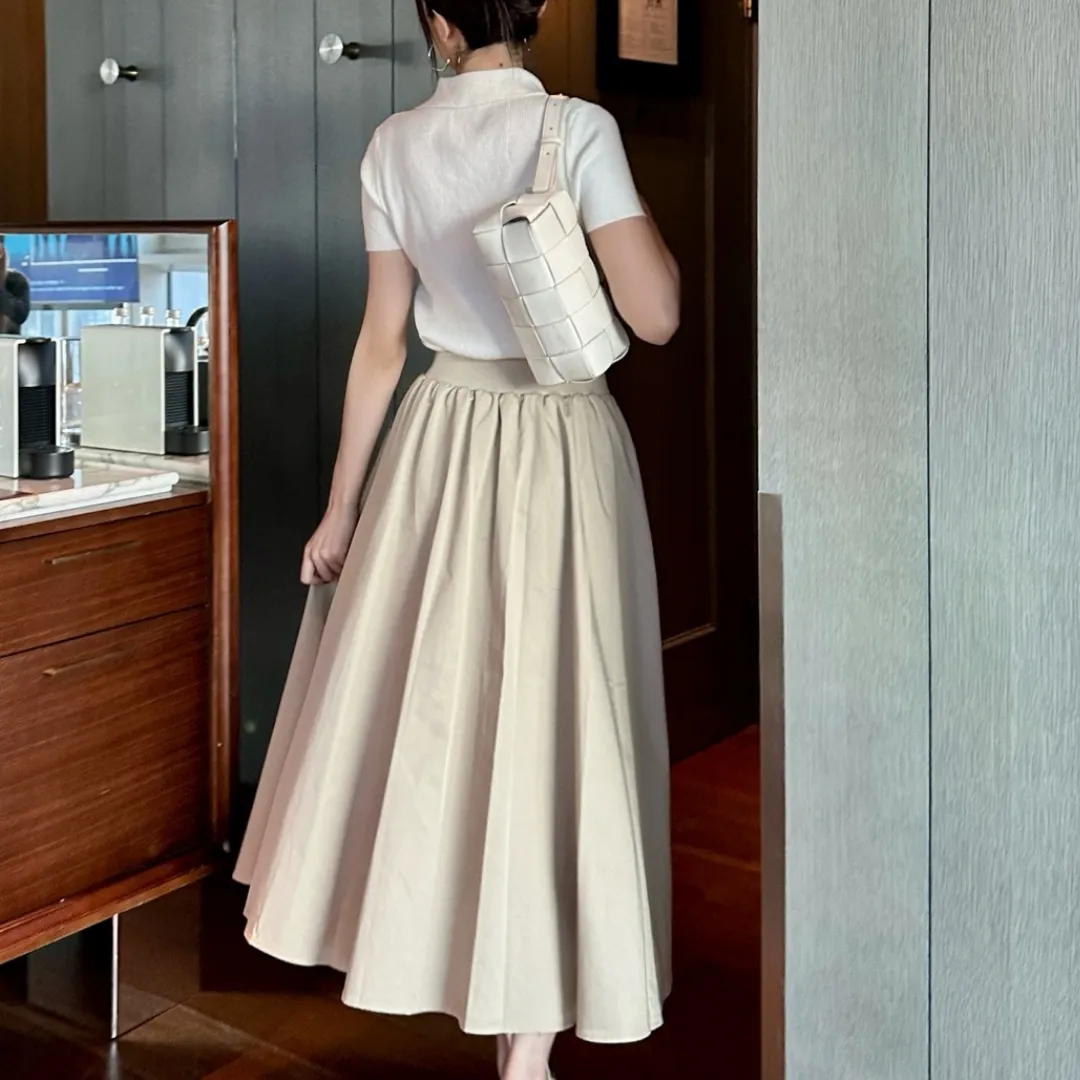 『S-L』新作 カジュアル 優しい雰囲気 レザー刺繍ロゴ リブ編みウエスト スカート