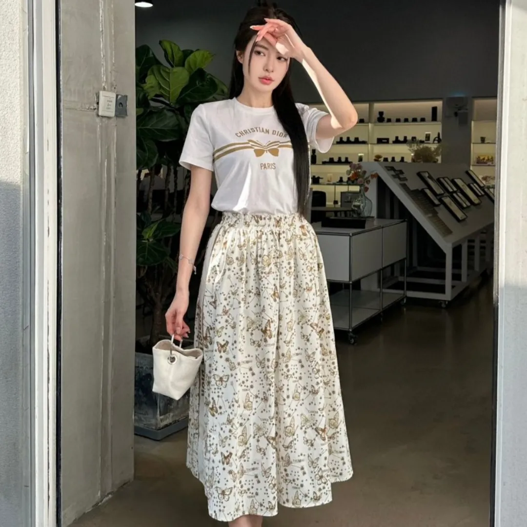 『S-L』新作カジュアル バタフライモチーフ プリントデコ Tシャツ＆スカートセット