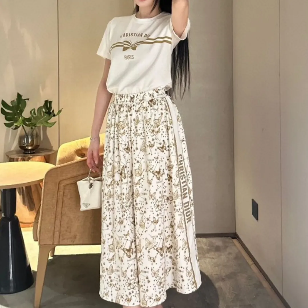 『S-L』新作カジュアル バタフライモチーフ プリントデコ Tシャツ＆スカートセット