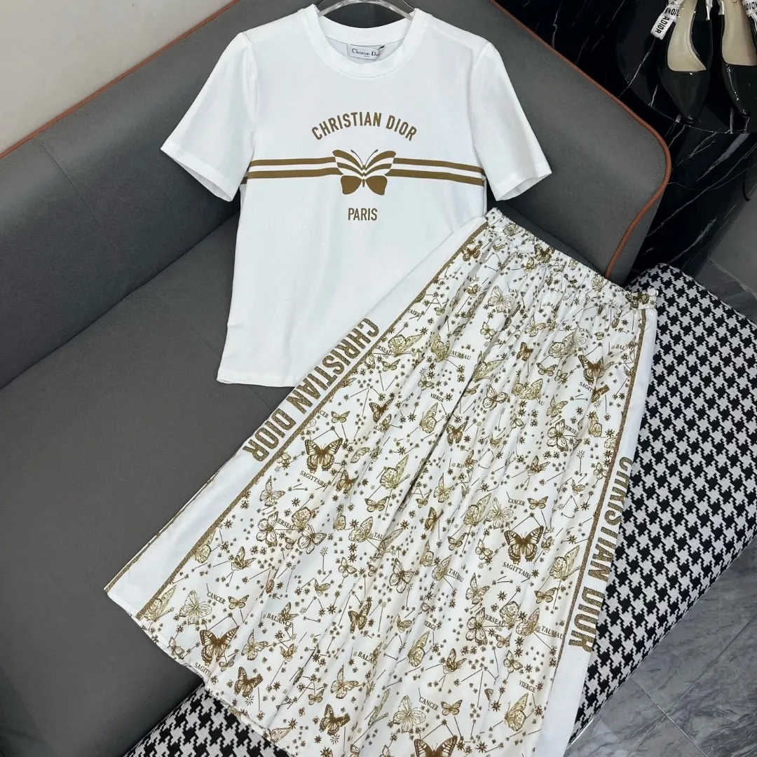『S-L』新作カジュアル バタフライモチーフ プリントデコ Tシャツ＆スカートセット