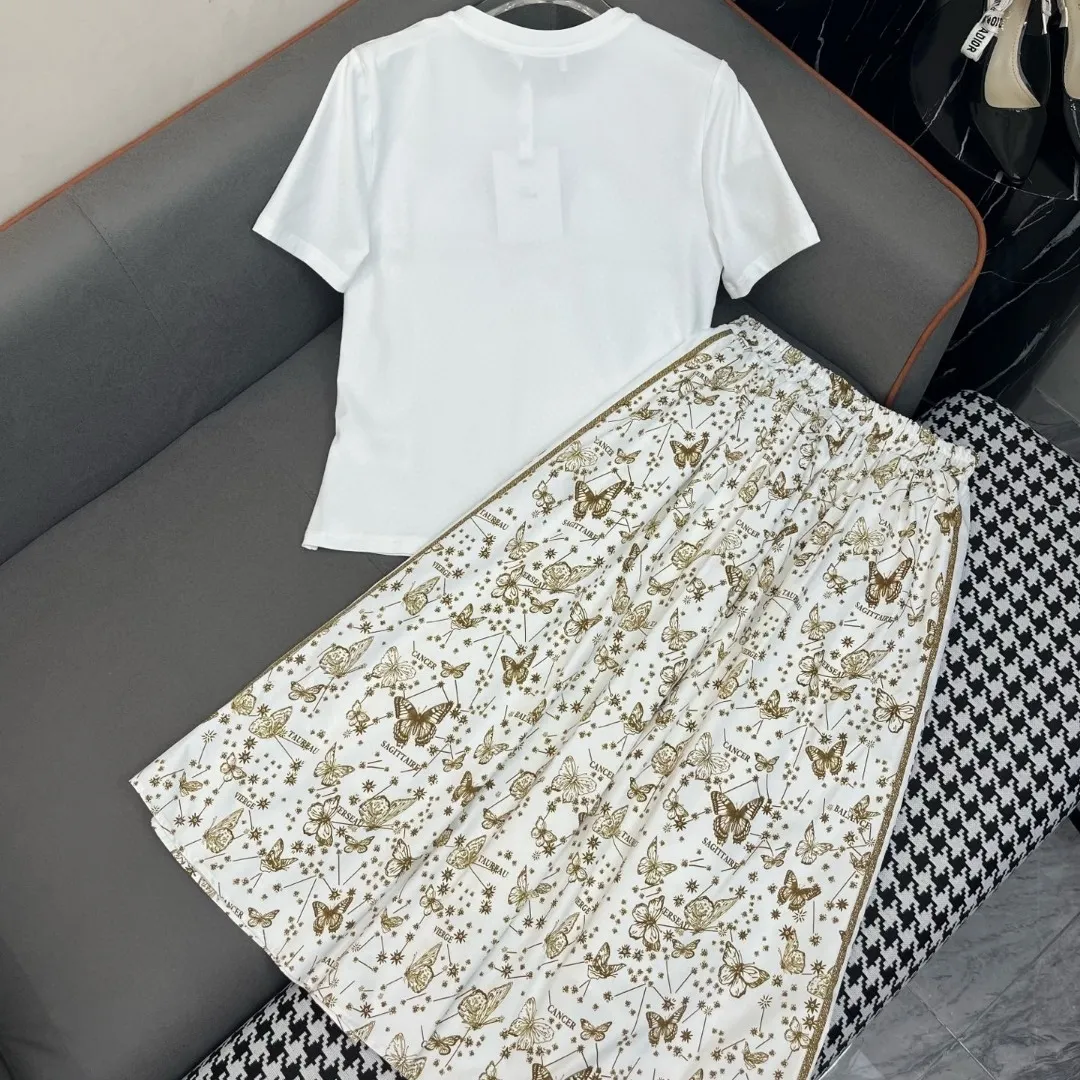 『S-L』新作カジュアル バタフライモチーフ プリントデコ Tシャツ＆スカートセット
