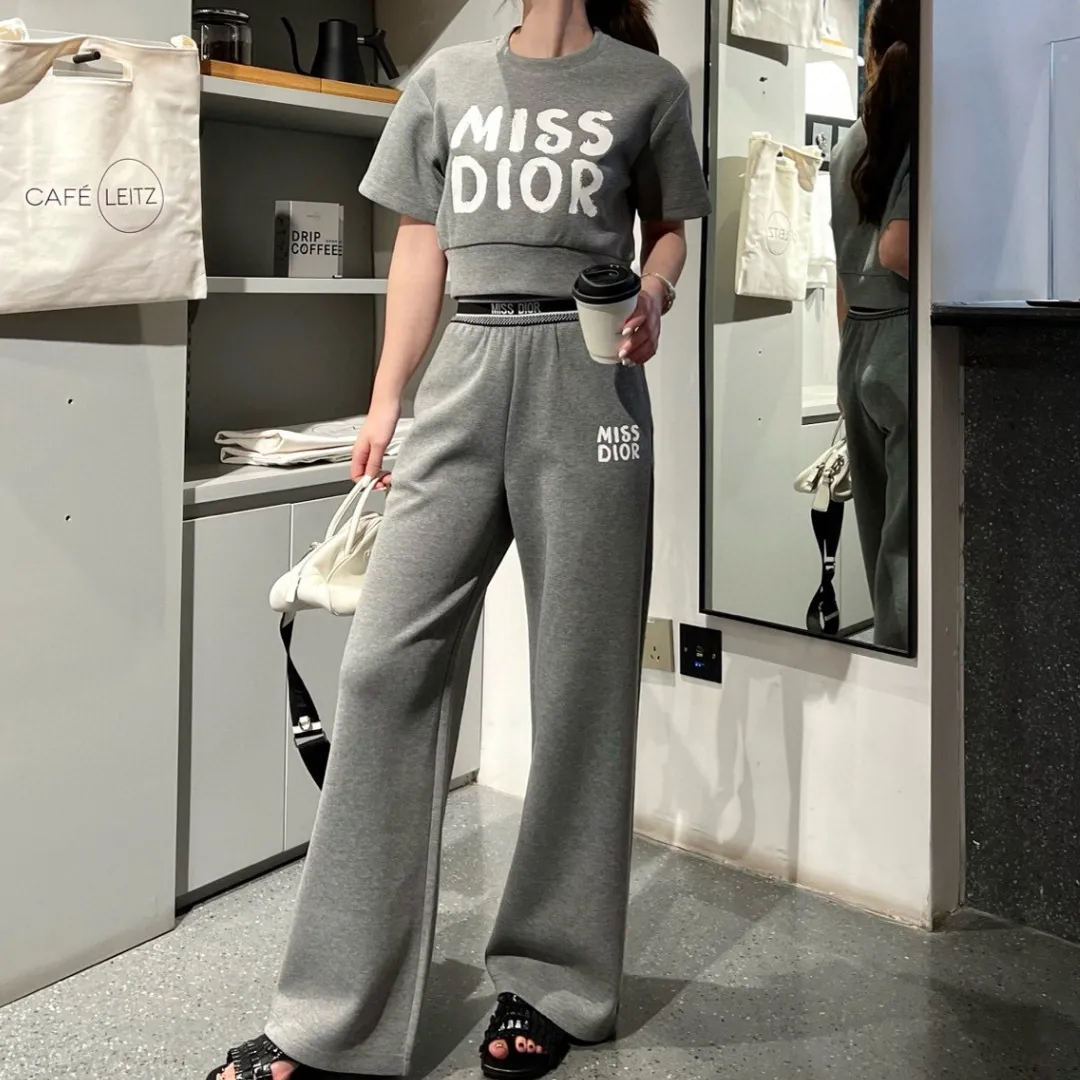 『S-L』早春新作 レターロゴプリント 半袖ショートTシャツ ゴムウエストストレートパンツ セットアップ