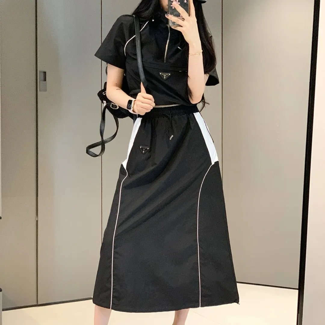 『S-L』春夏 新作 クラシック カラーブロックデザイン フード付き半袖トップ スカートセット