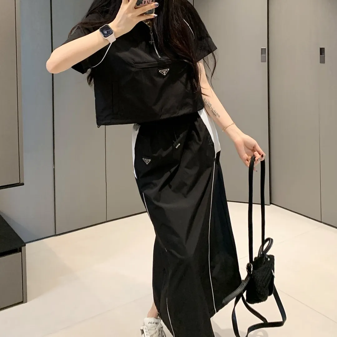 『S-L』春夏 新作 クラシック カラーブロックデザイン フード付き半袖トップ スカートセット