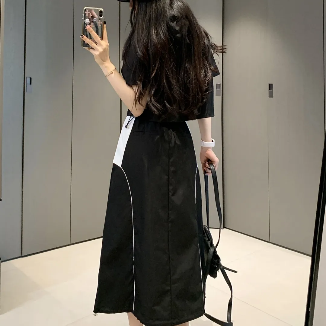 『S-L』春夏 新作 クラシック カラーブロックデザイン フード付き半袖トップ スカートセット