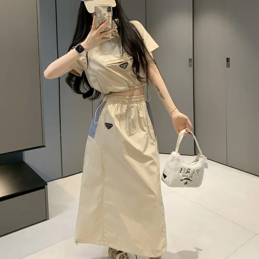 『S-L』春夏 新作 クラシック カラーブロックデザイン フード付き半袖トップ スカートセット