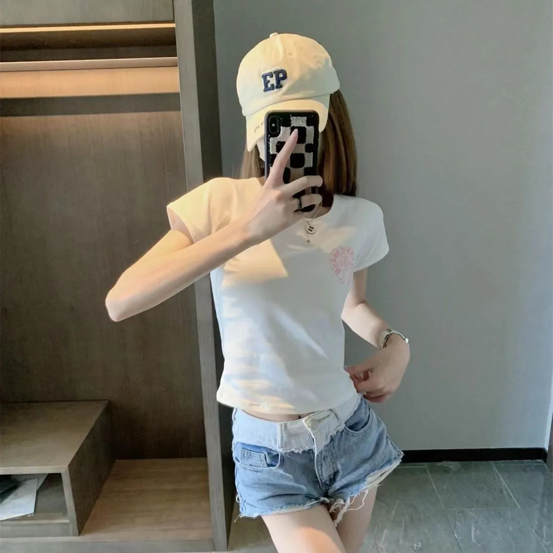 『S-2XL』新作 夏用 サンスクリット ピンクプリント ギャル風 スリムフィット ショート丈 トレンドトップス