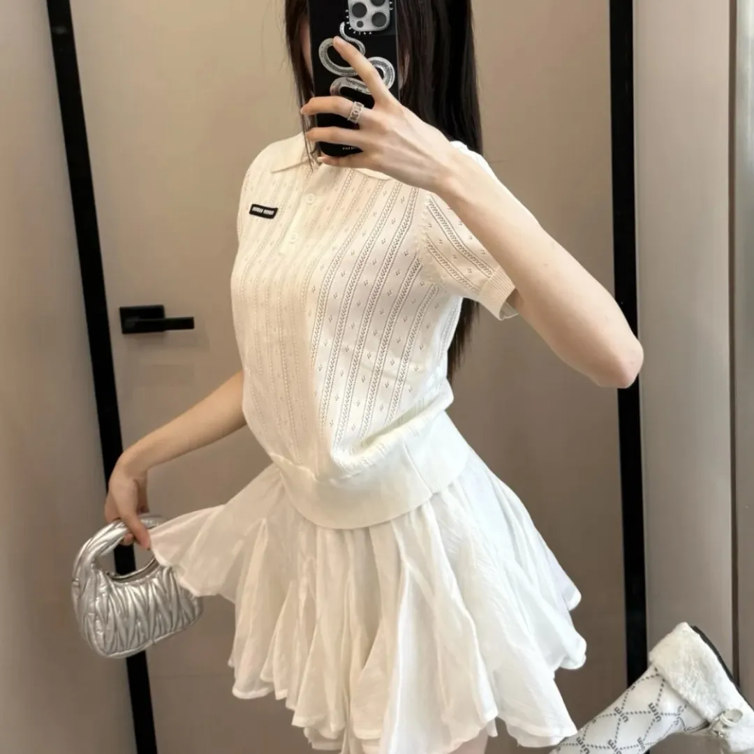 『フリーサイズ』お嬢様感 クラシックなケーブル編み模様 涼感爽快 プリンセス風レースポロシャツ