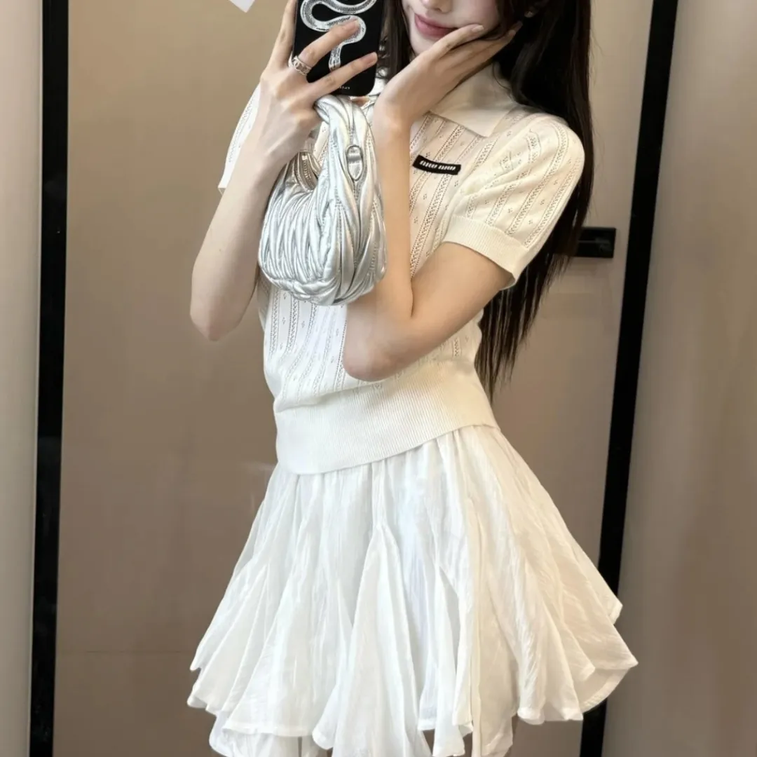 『フリーサイズ』お嬢様感 クラシックなケーブル編み模様 涼感爽快 プリンセス風レースポロシャツ