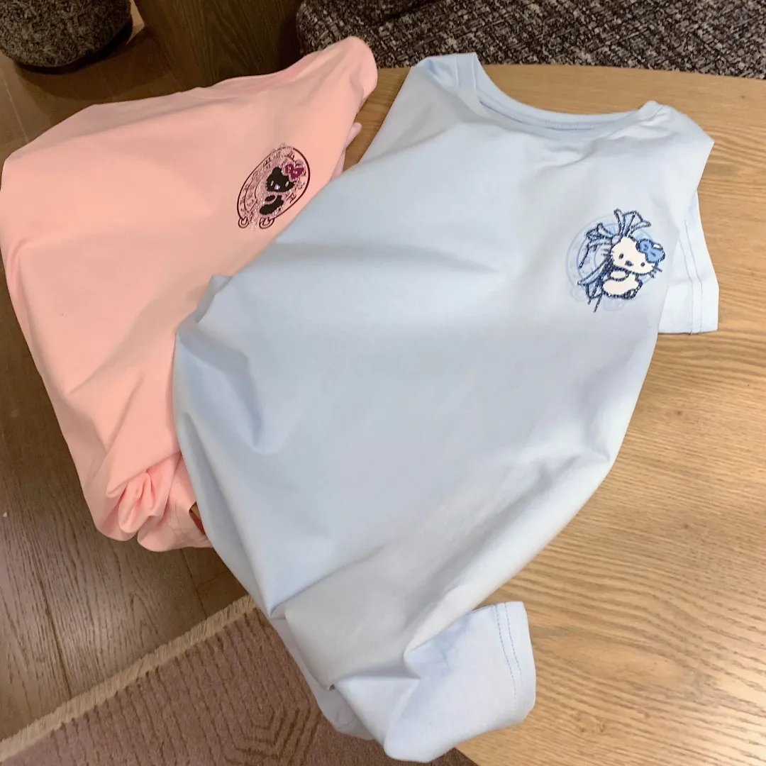 『S-L』かわいい 甘クール ねこ クロス ホットフィックス Tシャツ