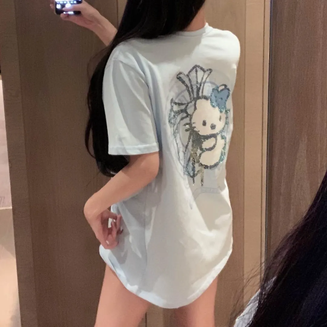 『S-L』かわいい 甘クール ねこ クロス ホットフィックス Tシャツ