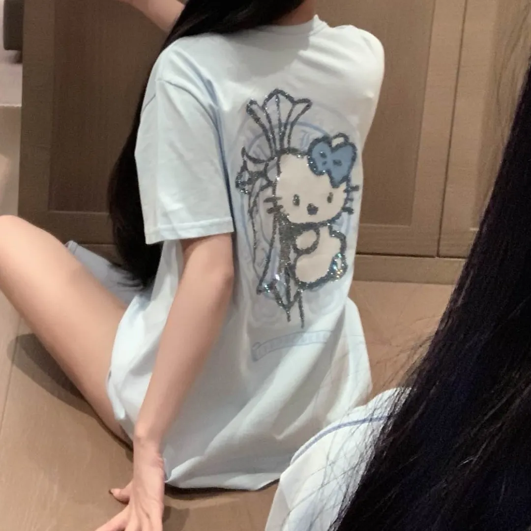 『S-L』かわいい 甘クール ねこ クロス ホットフィックス Tシャツ