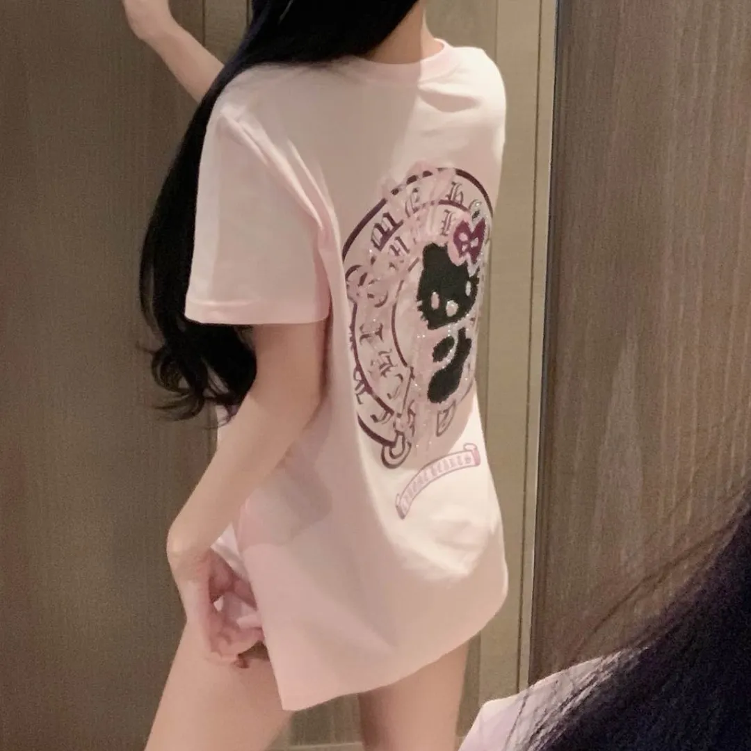 『S-L』かわいい 甘クール ねこ クロス ホットフィックス Tシャツ
