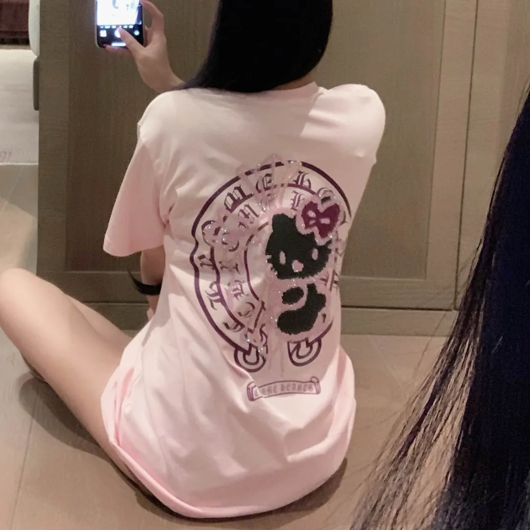 『S-L』かわいい 甘クール ねこ クロス ホットフィックス Tシャツ