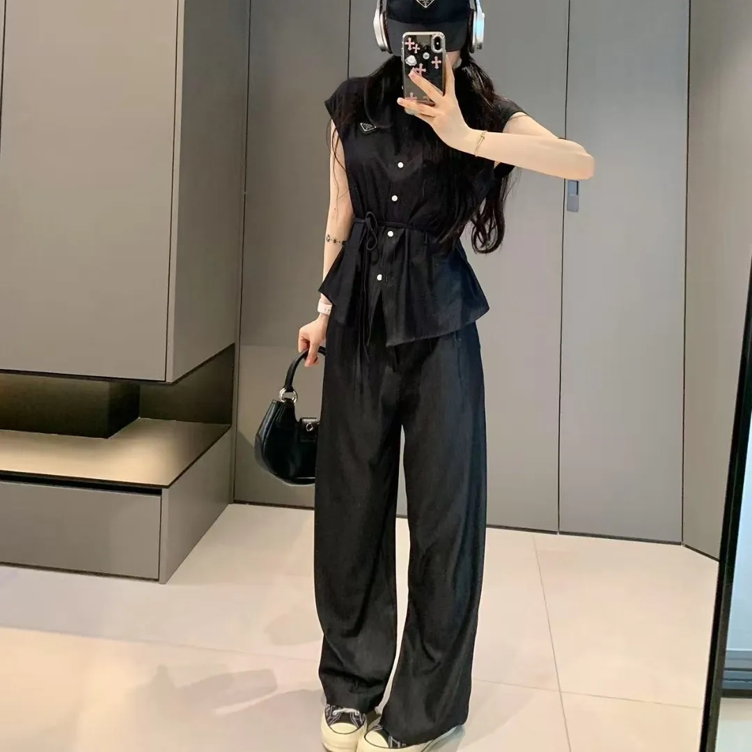 『S-L』ベルト ストラップ ウエストシェイプ スリム ノースリーブシャツ パンツ セットアップ