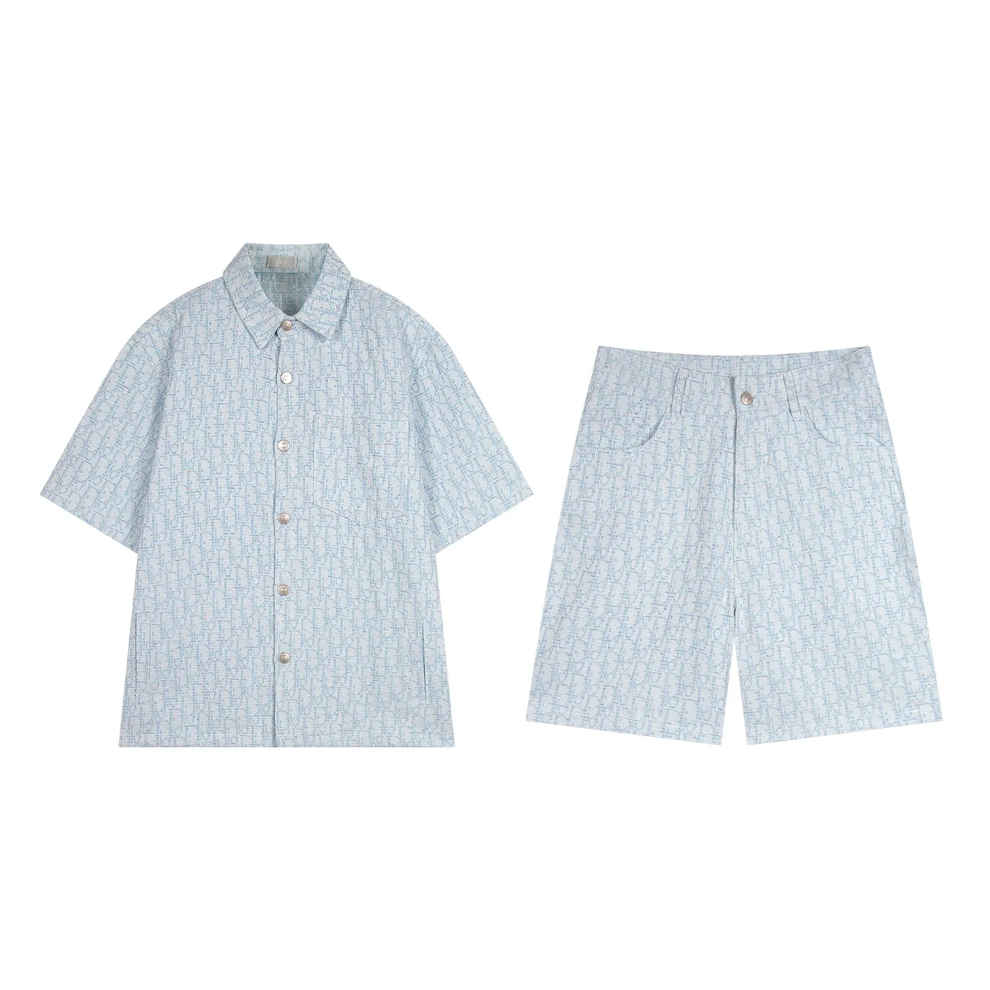 『S-XL』新作 フルレターデコデニムシャツ カジュアル ジャカード 半袖 シャツ ショーツ セットアップ